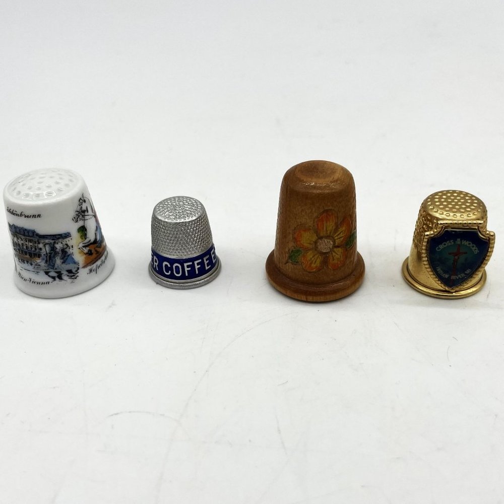 (4) Vintage Rare Collectible Sewing Thimbles Metal Wood Ceramic Brass Mixed Lot